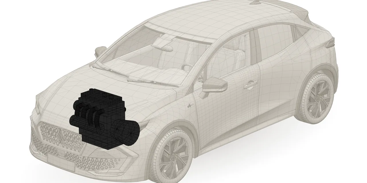 Vue trois-quarts avant d'une Renault Clio 2026 en tracé filaire, bloc moteur visible sous le capot