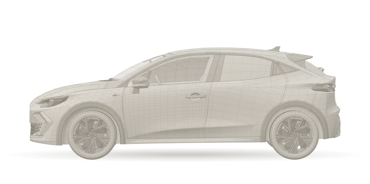 Vue de profil d'une Renault Clio 2026 en tracé filaire